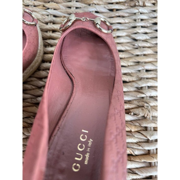 Gucci Women‎ Leather Peep-Toe Horsebit Espadrille Wedges Red Size 38 - Picture 14 of 16